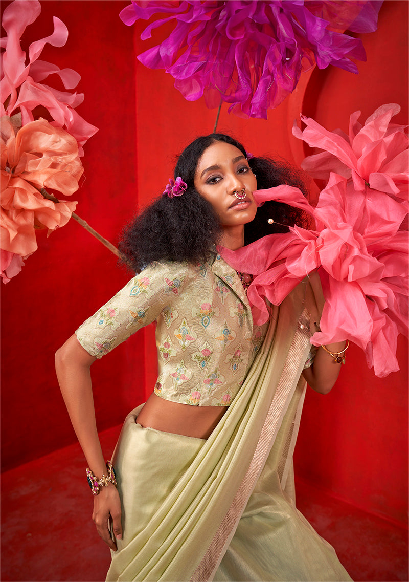 Monjolika Fashion Light Green Tissue Weaving Zari Ceremonial Contemporary Saree | Grocsy
