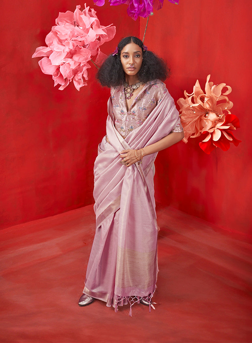 Monjolika Fashion Lavender Tissue Weaving Zari Ceremonial Contemporary Saree | Grocsy