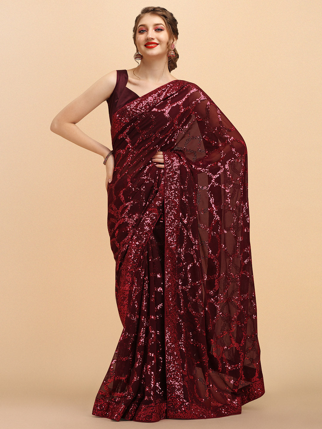 Sangria Burgundy Sequinned Pure Georgette Heavy Work Saree | Grocsy
