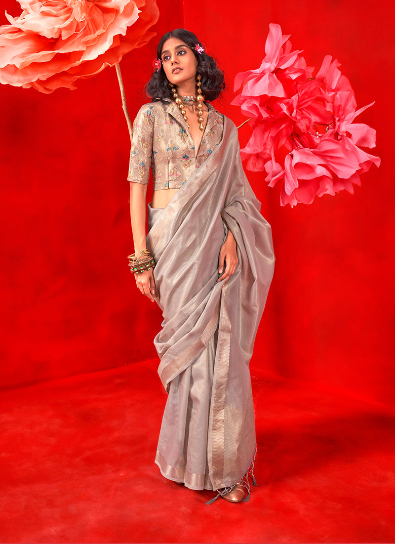 Monjolika Fashion Light Grey Tissue Weaving Zari Ceremonial Contemporary Saree | Grocsy
