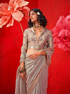 Monjolika Fashion Light Grey Tissue Weaving Zari Ceremonial Contemporary Saree | Grocsy