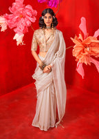 Monjolika Fashion Off White Tissue Weaving Zari Ceremonial Contemporary Saree | Grocsy