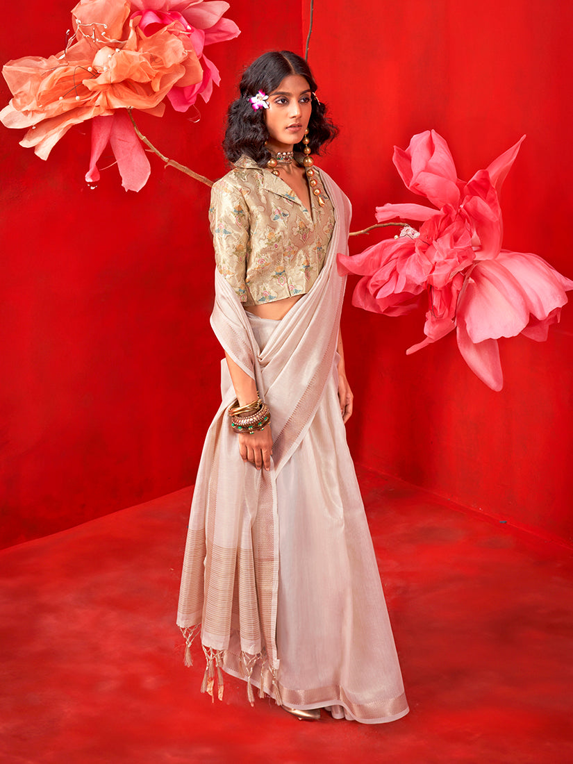 Monjolika Fashion Off White Tissue Weaving Zari Ceremonial Contemporary Saree | Grocsy
