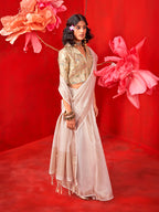 Monjolika Fashion Off White Tissue Weaving Zari Ceremonial Contemporary Saree | Grocsy