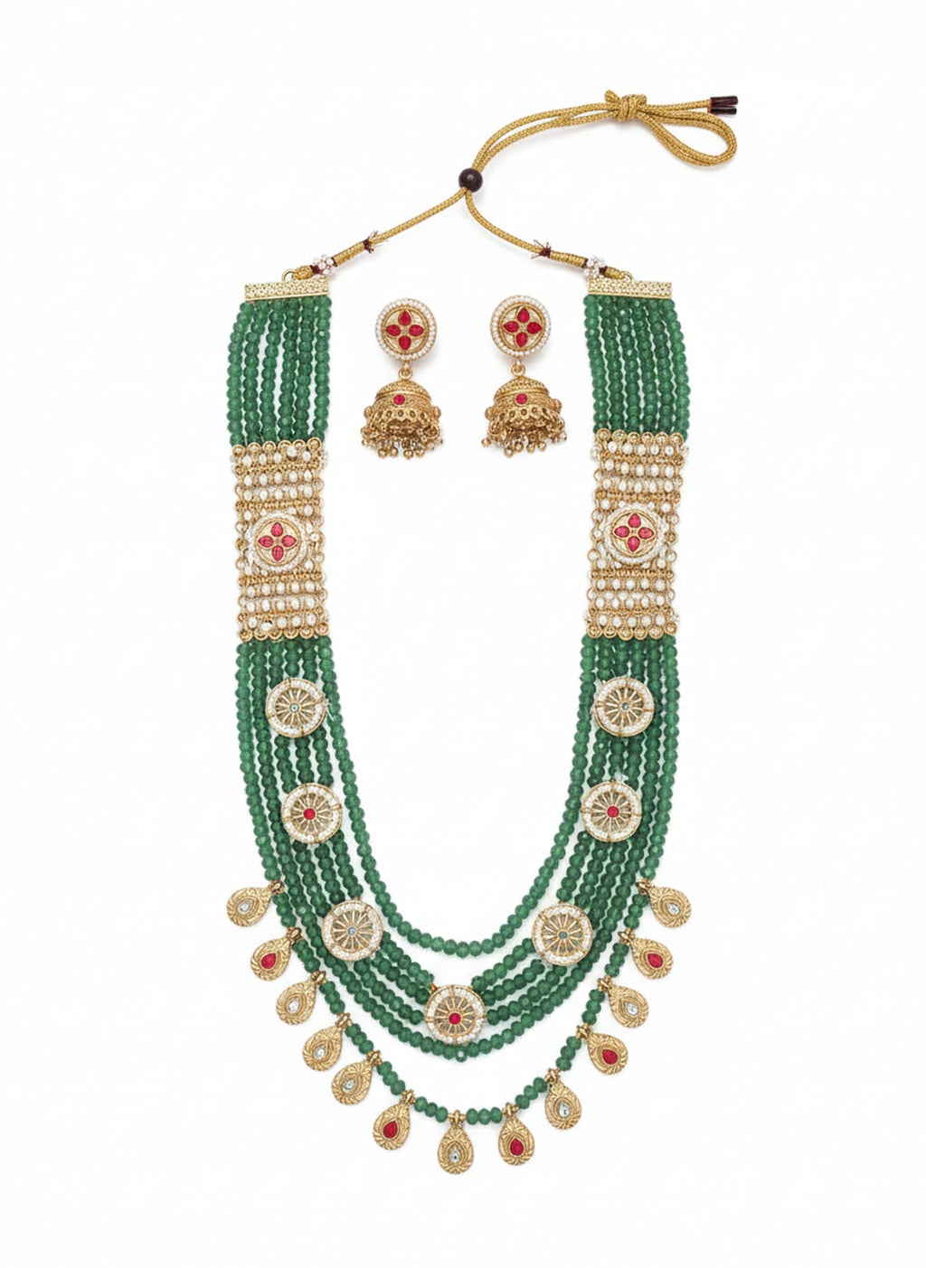 Jewel City Traditional Handcrafted Green Beaded Gold-Plated Necklace Set | Grocsy