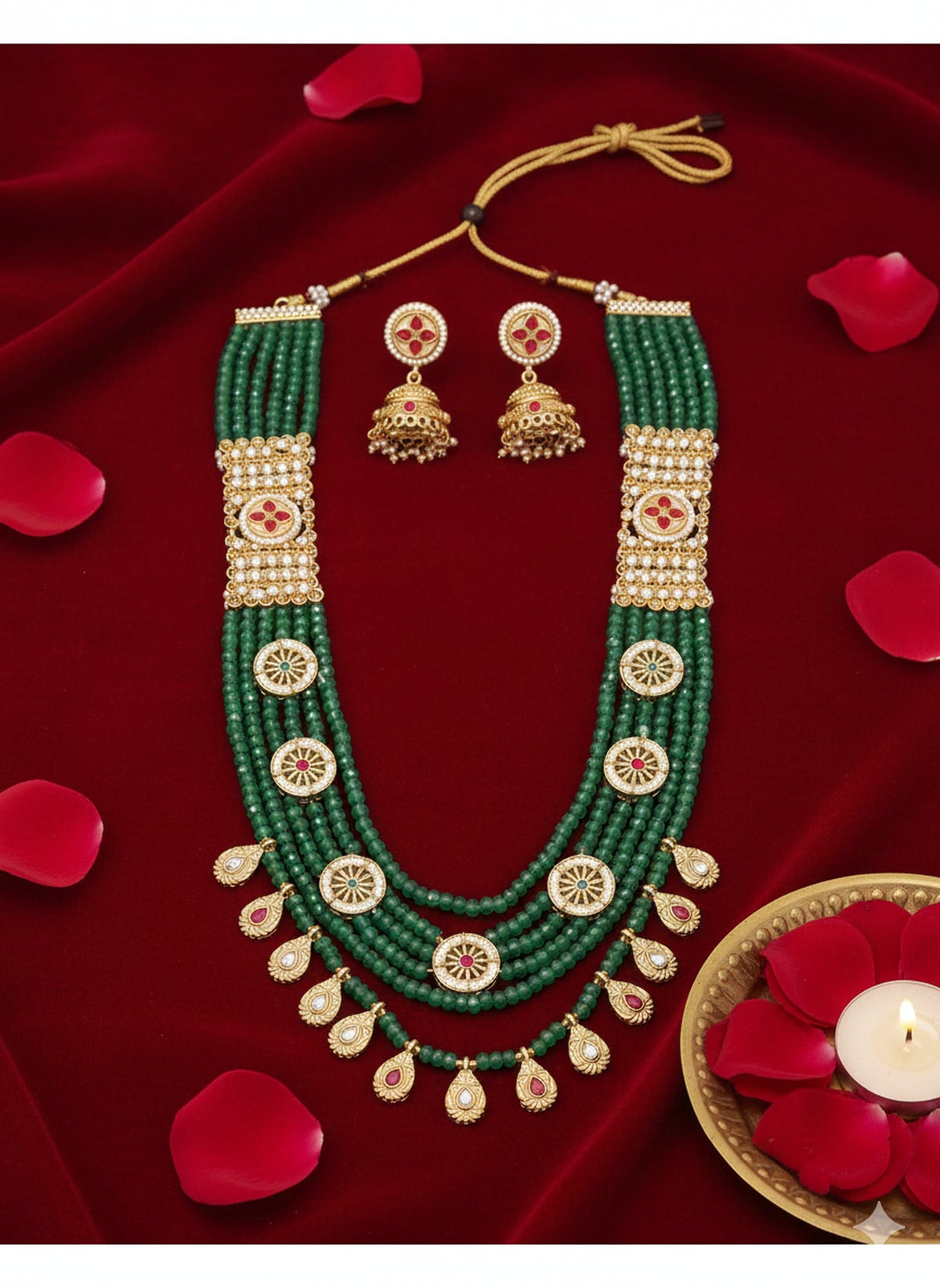 Jewel City Traditional Handcrafted Green Beaded Gold-Plated Necklace Set | Grocsy