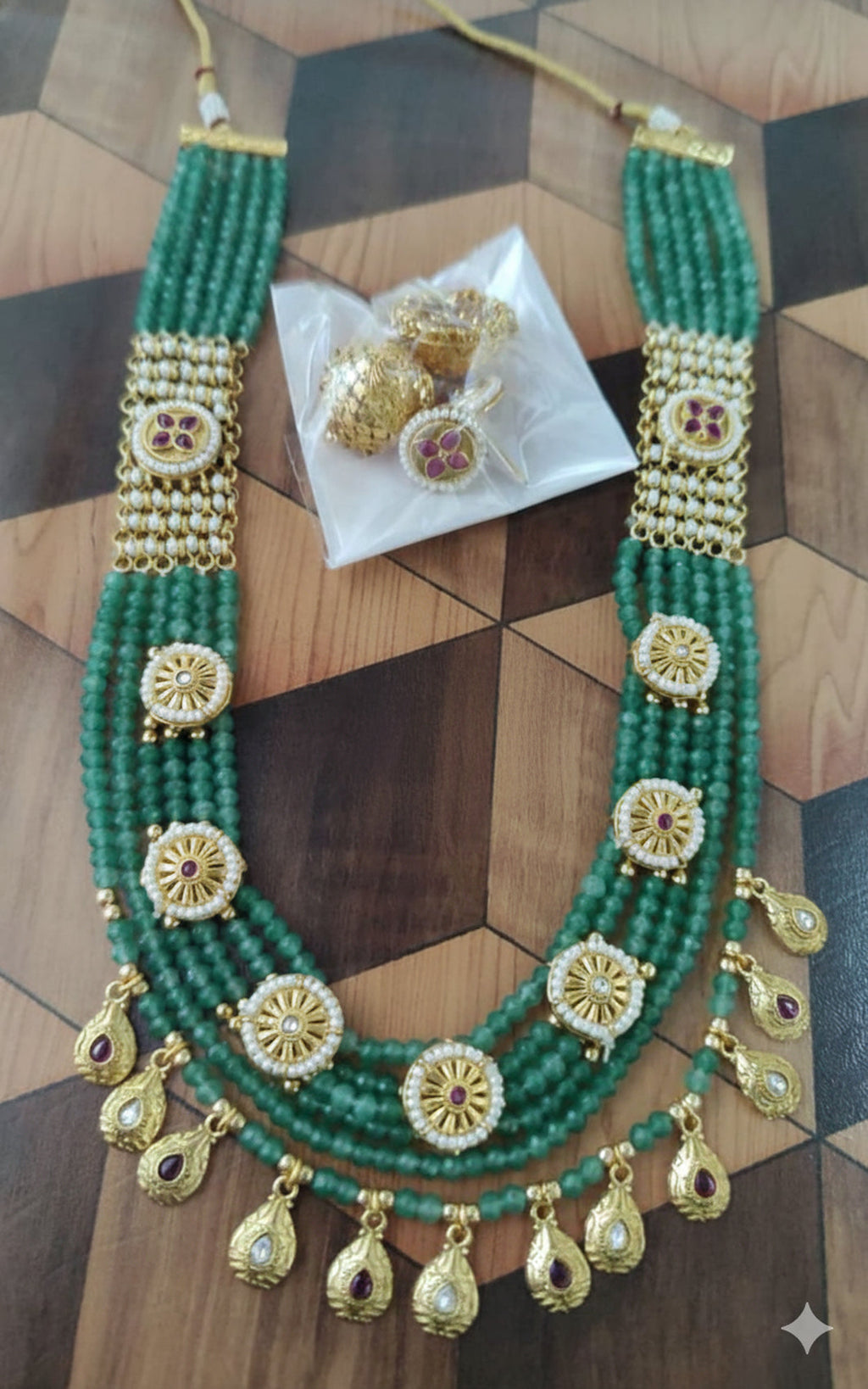 Jewel City Traditional Handcrafted Green Beaded Gold-Plated Necklace Set | Grocsy