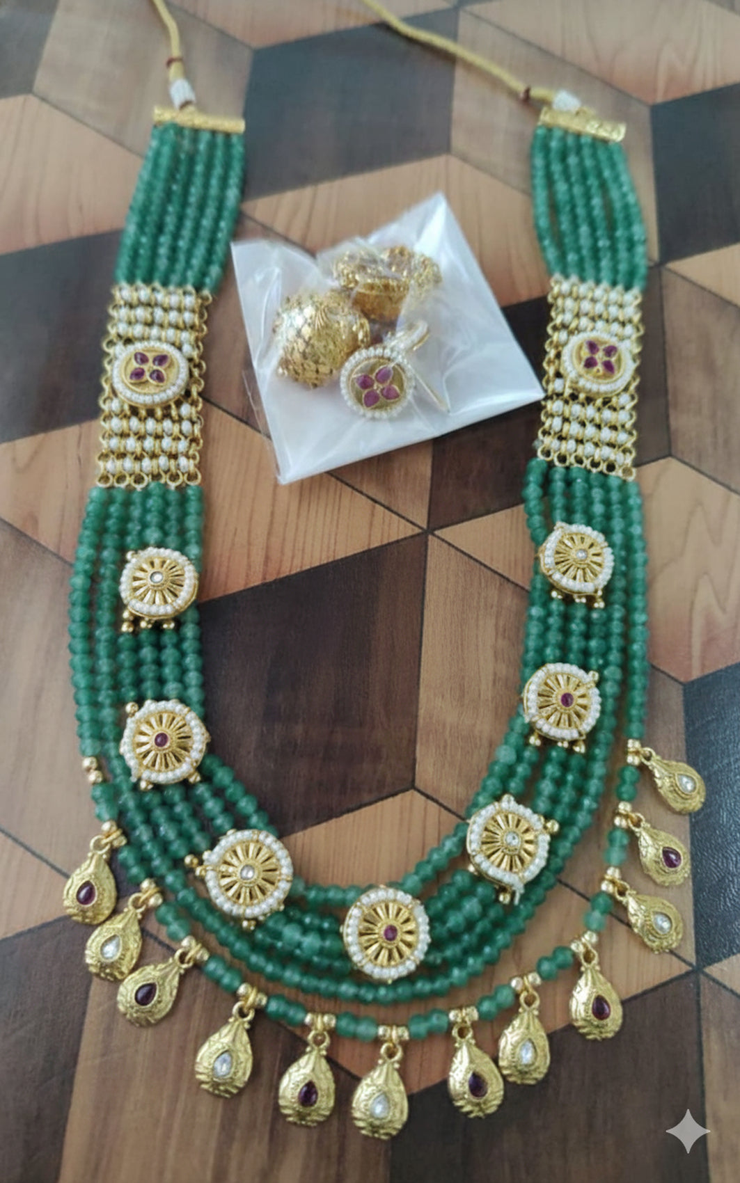 Jewel City Traditional Handcrafted Green Beaded Gold-Plated Necklace Set | Grocsy