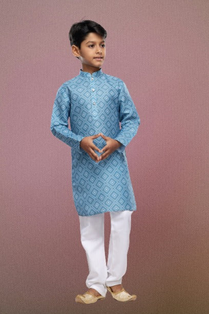 Raivat Ethnic Cotton Digital Print Kids Kurta Pajama In Sky Blue Colour | Grocsy