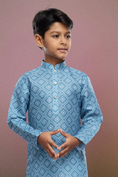 Raivat Ethnic Cotton Digital Print Kids Kurta Pajama In Sky Blue Colour | Grocsy