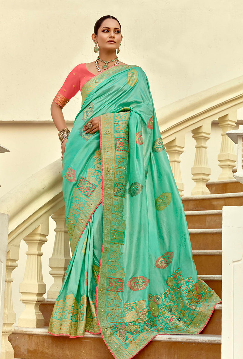 Monjolika Fashion Silk Blend Weaving Sea Green Traditional Saree | Grocsy