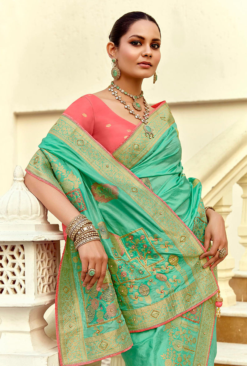 Monjolika Fashion Silk Blend Weaving Sea Green Traditional Saree | Grocsy