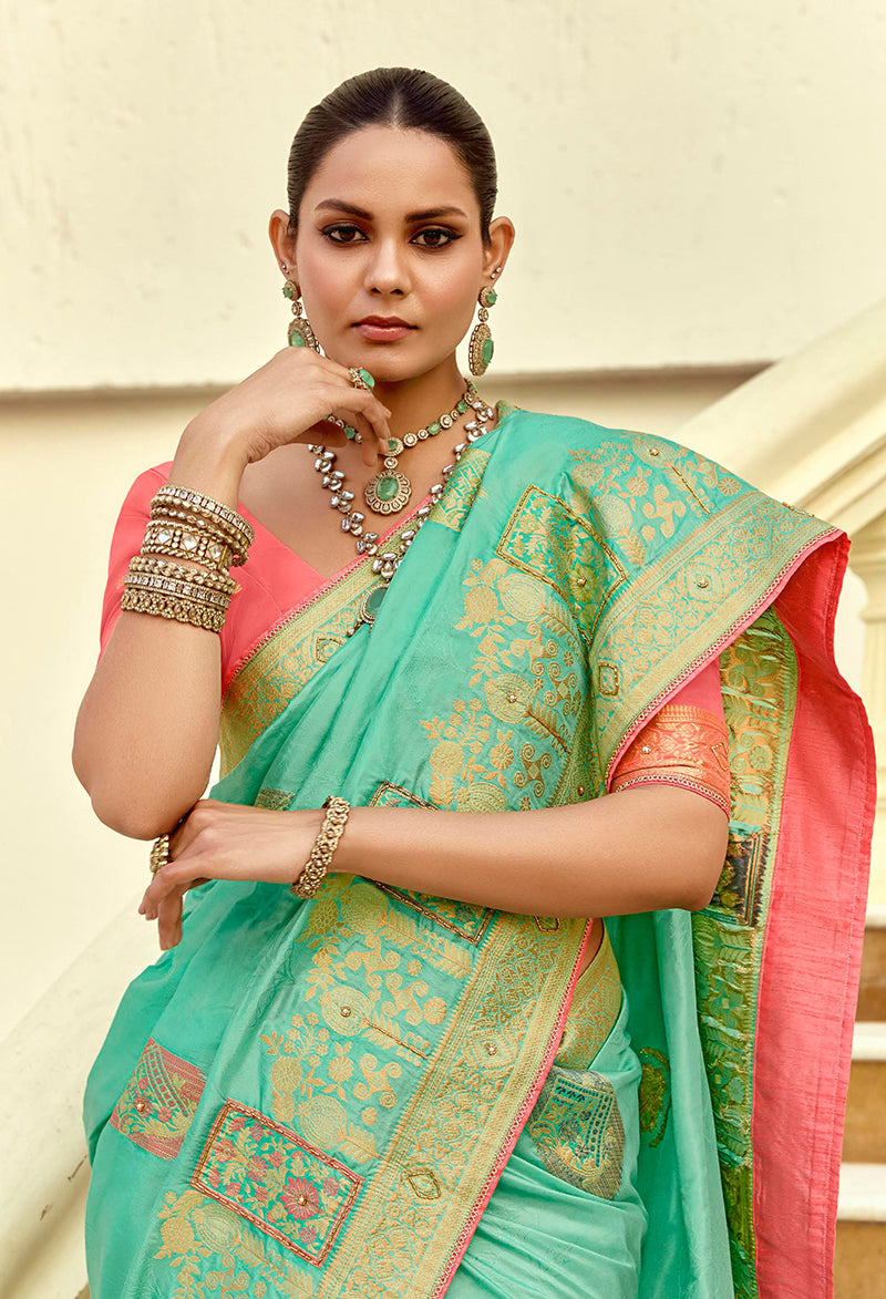 Monjolika Fashion Silk Blend Weaving Sea Green Traditional Saree | Grocsy