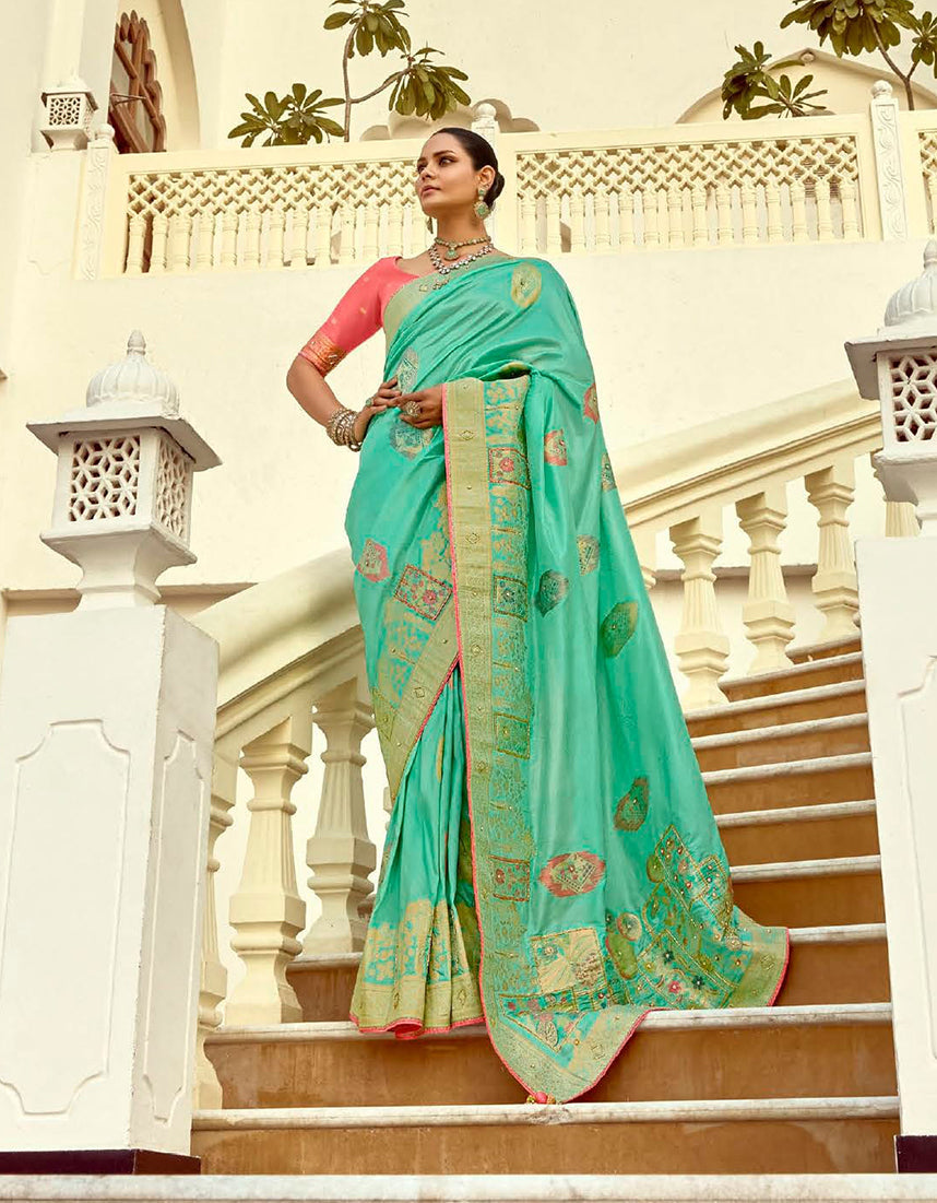 Monjolika Fashion Silk Blend Weaving Sea Green Traditional Saree | Grocsy