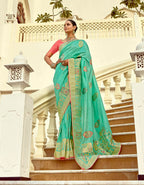 Monjolika Fashion Silk Blend Weaving Sea Green Traditional Saree | Grocsy