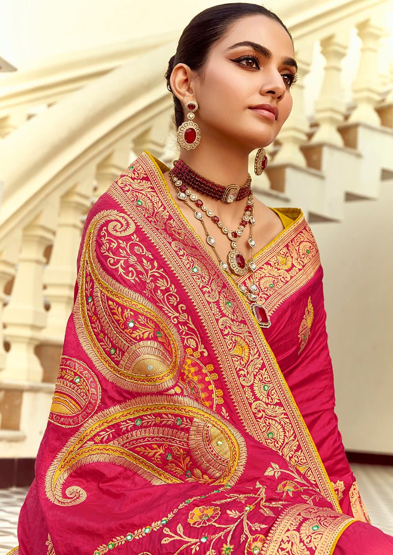 Monjolika Fashion Silk Blend Weaving Rani Pink Traditional Saree | Grocsy