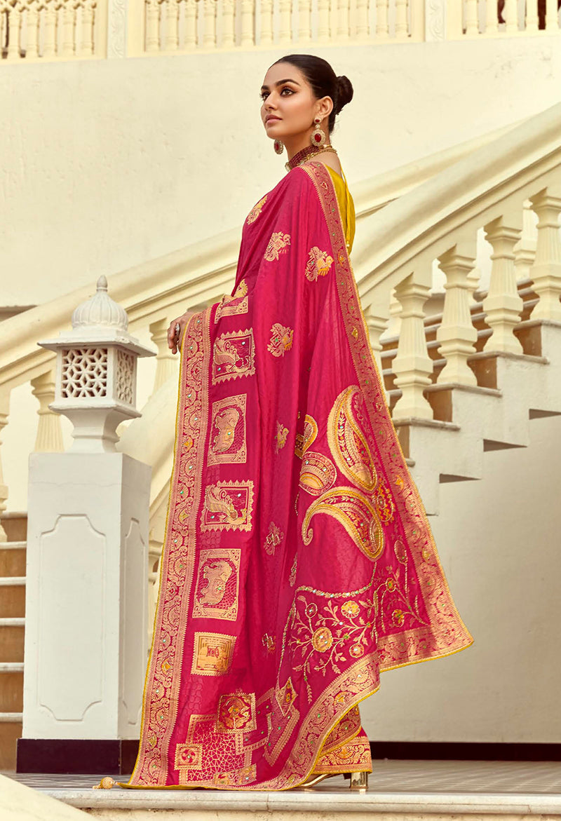 Monjolika Fashion Silk Blend Weaving Rani Pink Traditional Saree | Grocsy