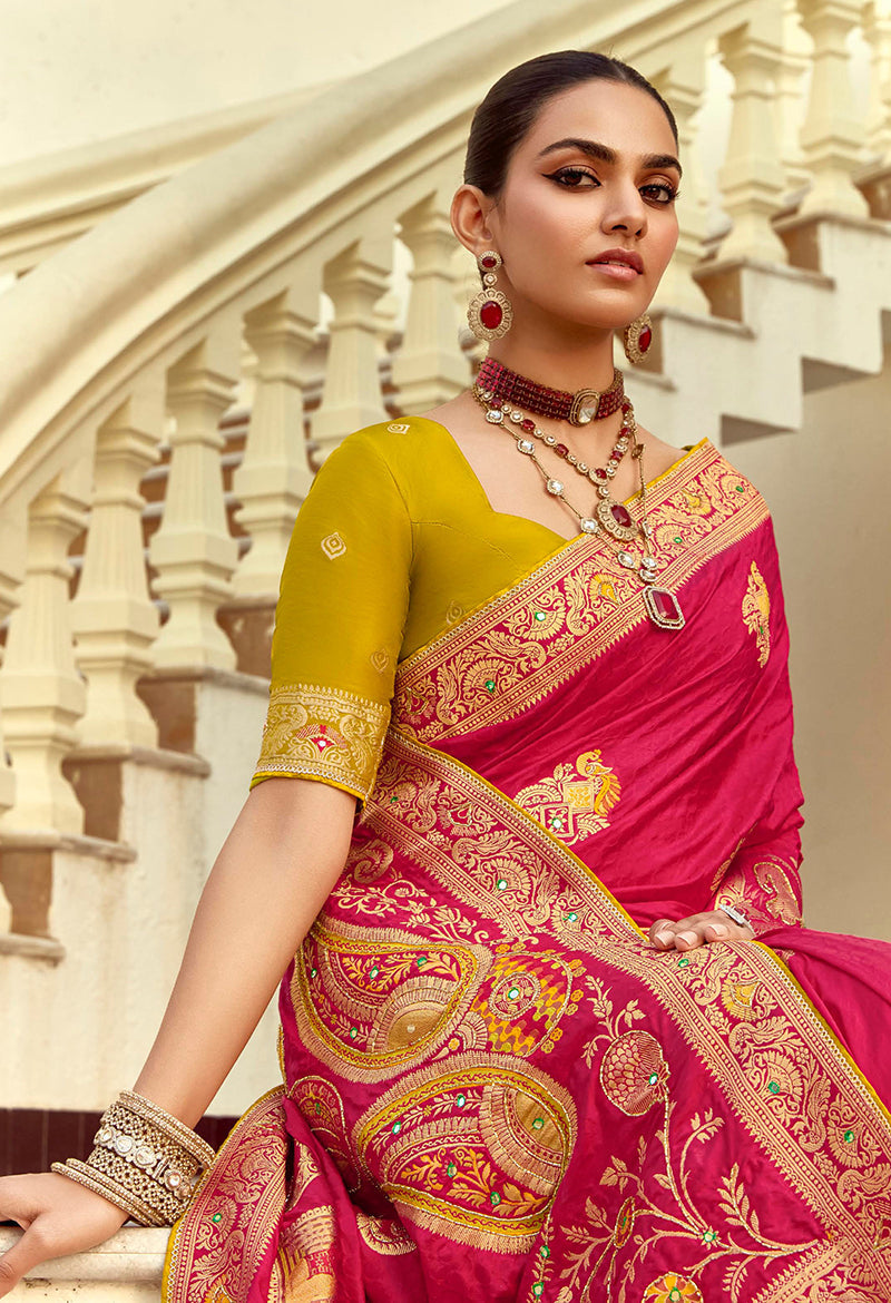 Monjolika Fashion Silk Blend Weaving Rani Pink Traditional Saree | Grocsy