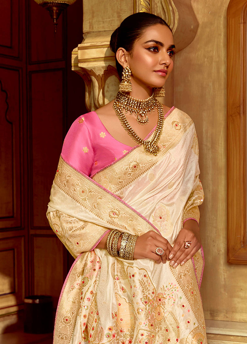 Monjolika Fashion Silk Blend Weaving Off White Traditional Saree | Grocsy