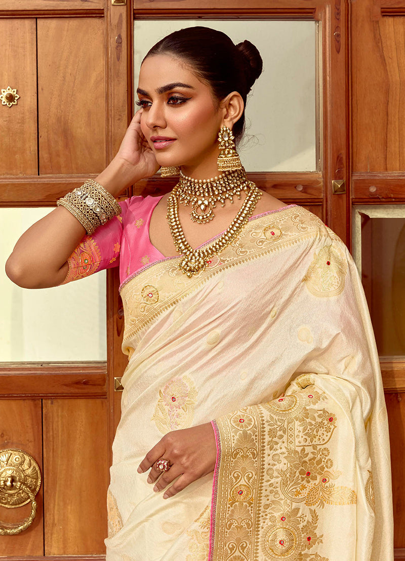 Monjolika Fashion Silk Blend Weaving Off White Traditional Saree | Grocsy