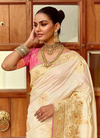 Monjolika Fashion Silk Blend Weaving Off White Traditional Saree | Grocsy
