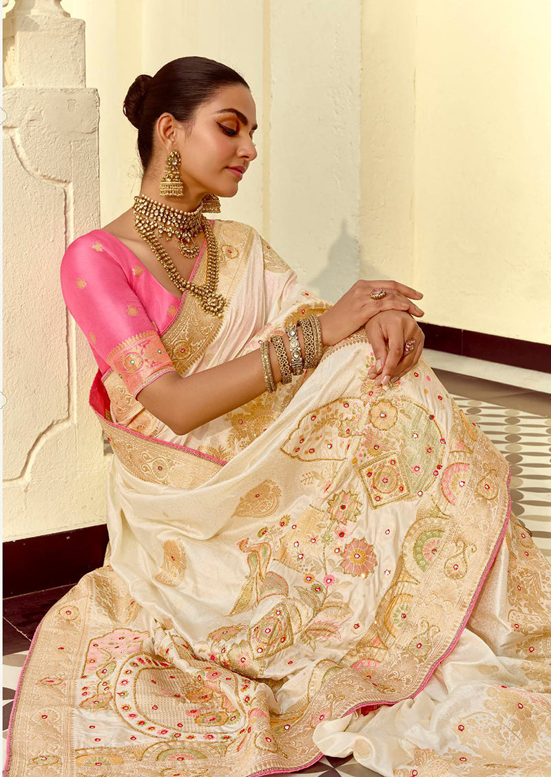 Monjolika Fashion Silk Blend Weaving Off White Traditional Saree | Grocsy
