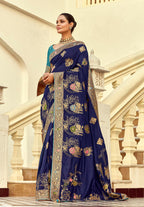Monjolika Fashion Silk Blend Weaving Navy Blue Traditional Saree | Grocsy