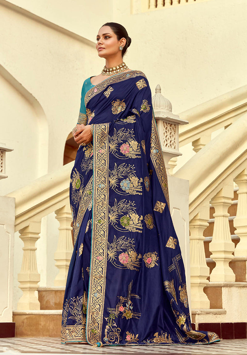 Monjolika Fashion Silk Blend Weaving Navy Blue Traditional Saree | Grocsy