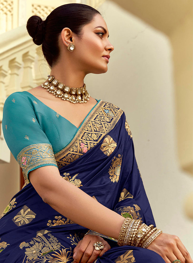 Monjolika Fashion Silk Blend Weaving Navy Blue Traditional Saree | Grocsy