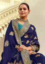 Monjolika Fashion Silk Blend Weaving Navy Blue Traditional Saree | Grocsy