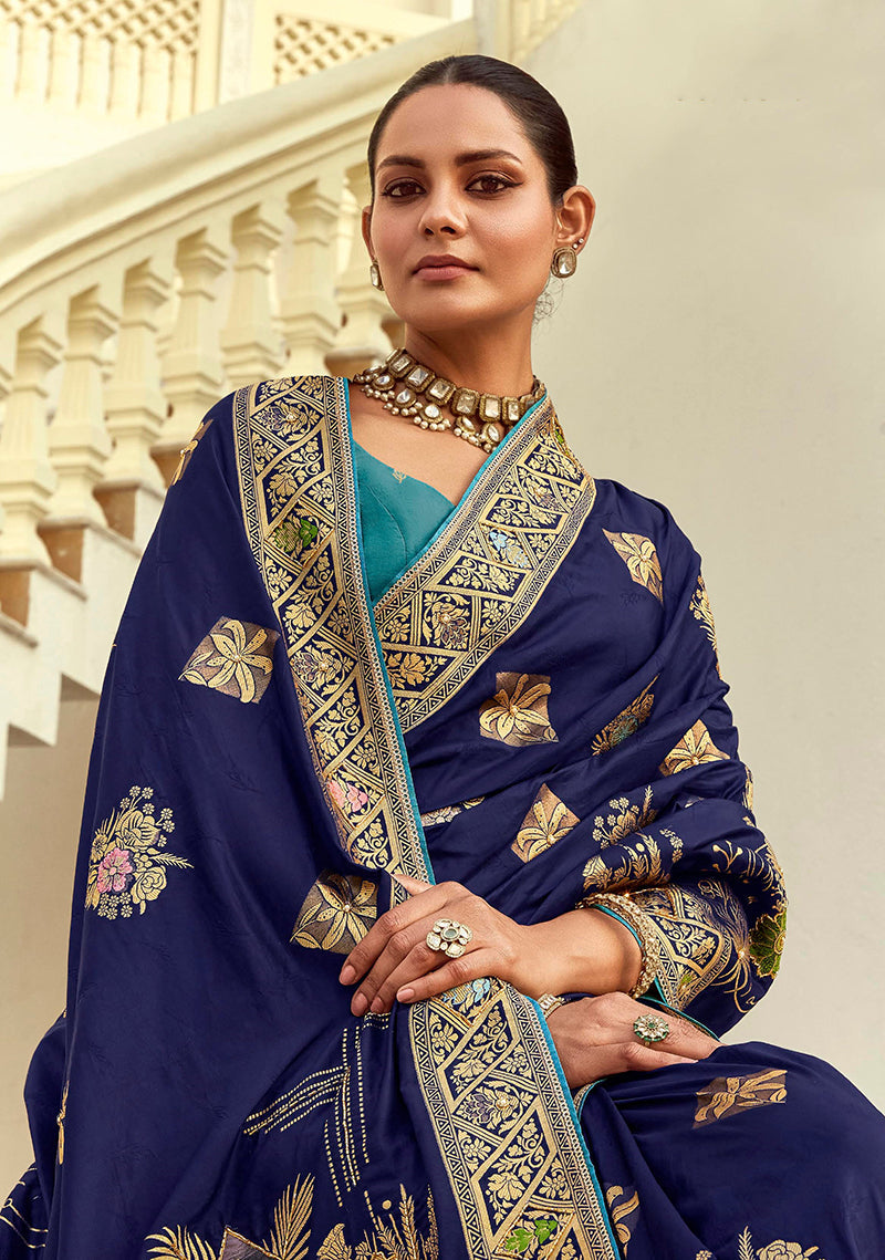 Monjolika Fashion Silk Blend Weaving Navy Blue Traditional Saree | Grocsy
