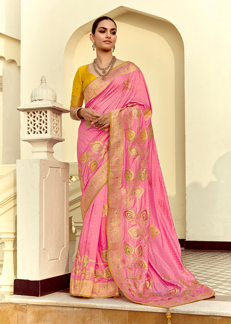 Monjolika Fashion Silk Blend Weaving Pink Traditional Saree | Grocsy