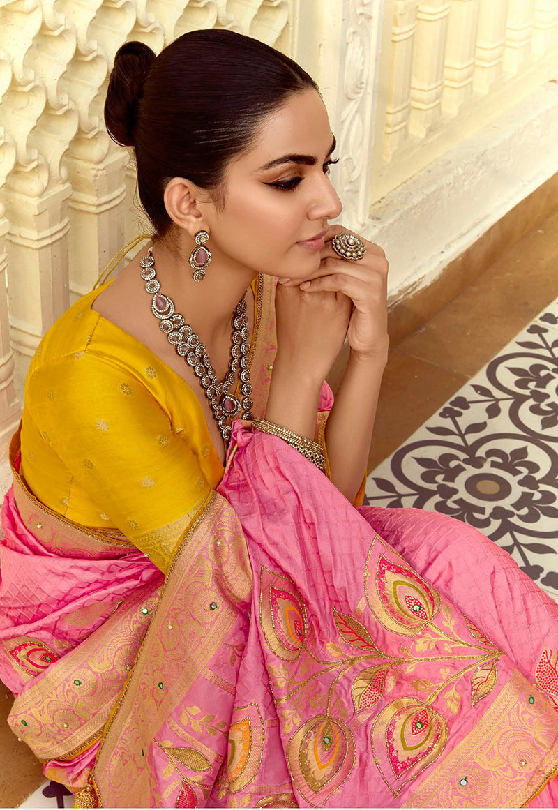 Monjolika Fashion Silk Blend Weaving Pink Traditional Saree | Grocsy