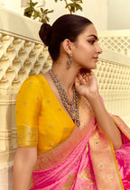 Monjolika Fashion Silk Blend Weaving Pink Traditional Saree | Grocsy