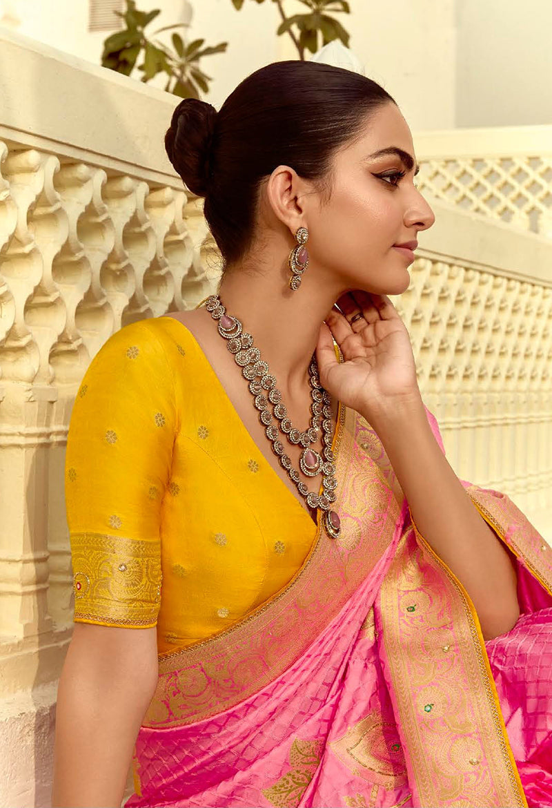 Monjolika Fashion Silk Blend Weaving Pink Traditional Saree | Grocsy