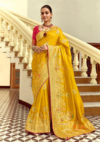 Monjolika Fashion Silk Blend Weaving Yellow Traditional Saree | Grocsy