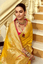 Monjolika Fashion Silk Blend Weaving Yellow Traditional Saree | Grocsy