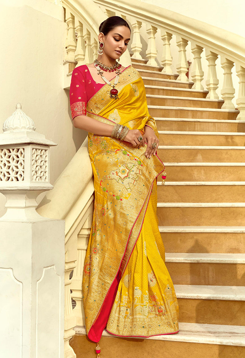 Monjolika Fashion Silk Blend Weaving Yellow Traditional Saree | Grocsy
