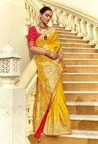 Monjolika Fashion Silk Blend Weaving Yellow Traditional Saree | Grocsy