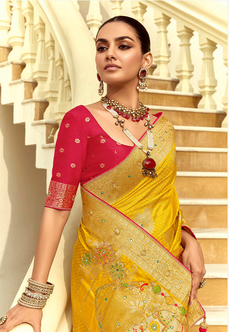 Monjolika Fashion Silk Blend Weaving Yellow Traditional Saree | Grocsy