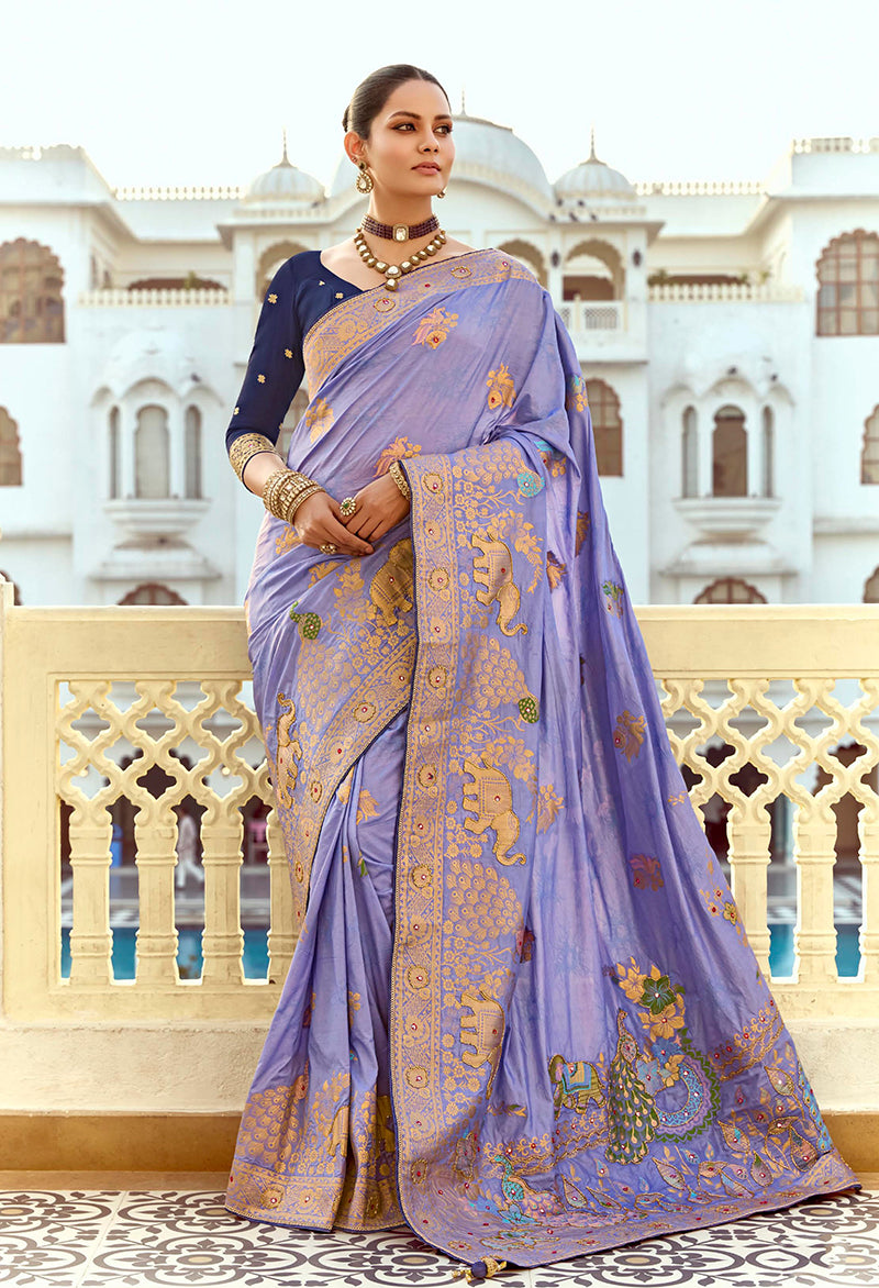 Monjolika Fashion Silk Blend Weaving Lavender Traditional Saree | Grocsy