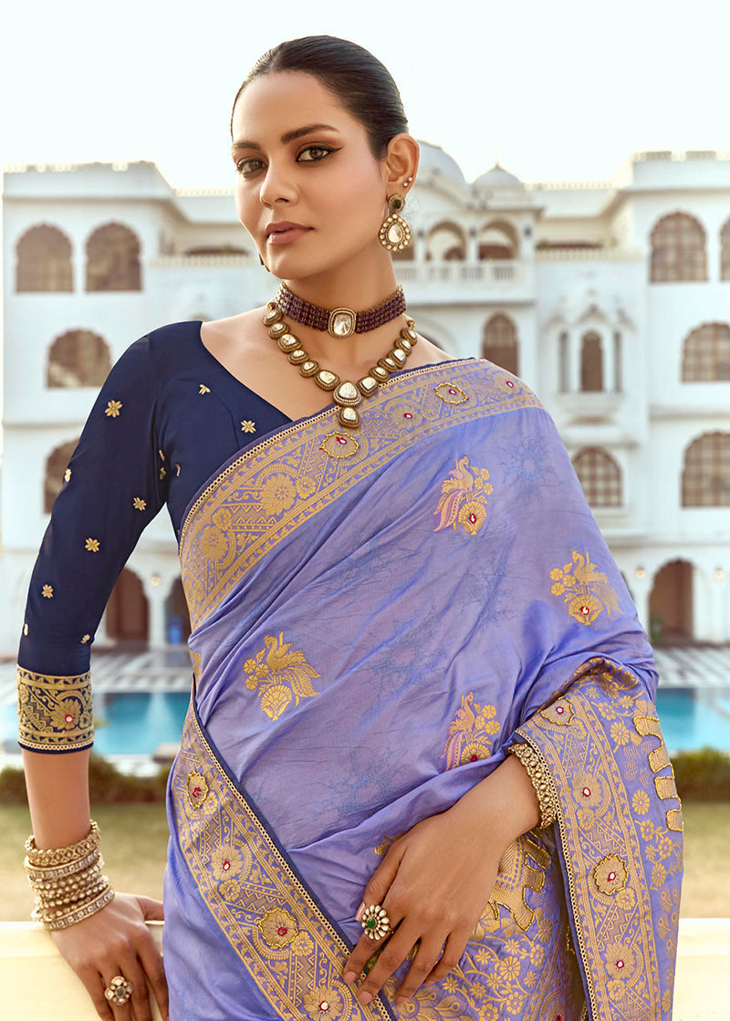 Monjolika Fashion Silk Blend Weaving Lavender Traditional Saree | Grocsy