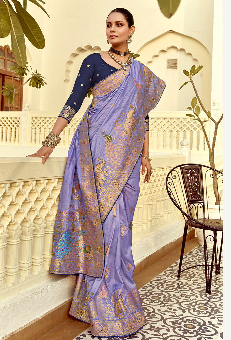 Monjolika Fashion Silk Blend Weaving Lavender Traditional Saree | Grocsy