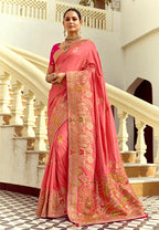 Monjolika Fashion Silk Blend Weaving Salmon Traditional Saree | Grocsy