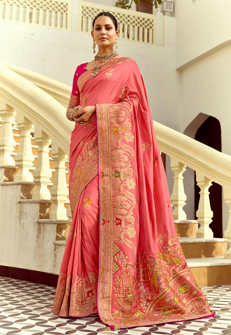 Monjolika Fashion Silk Blend Weaving Salmon Traditional Saree | Grocsy