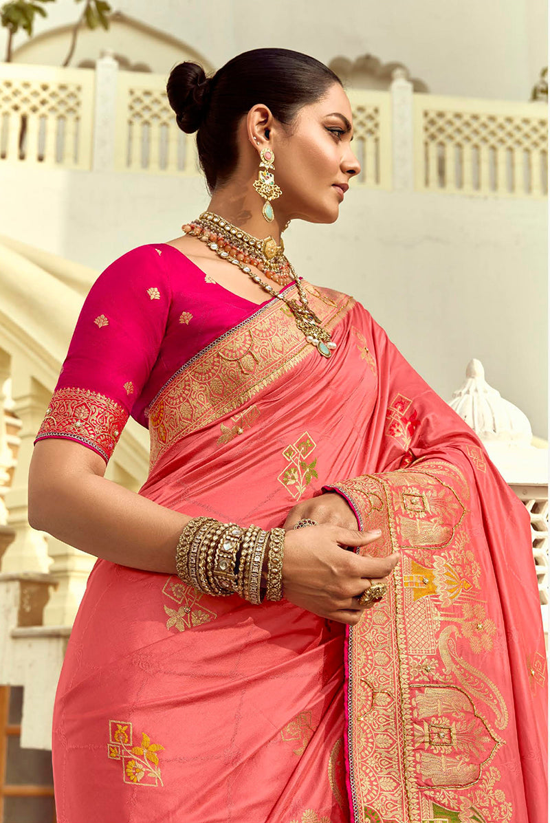 Monjolika Fashion Silk Blend Weaving Salmon Traditional Saree | Grocsy
