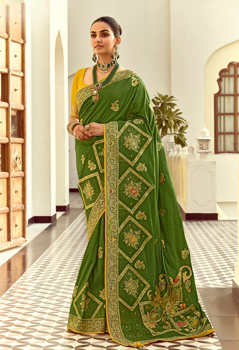 Monjolika Fashion Silk Blend Weaving Green Traditional Saree | Grocsy