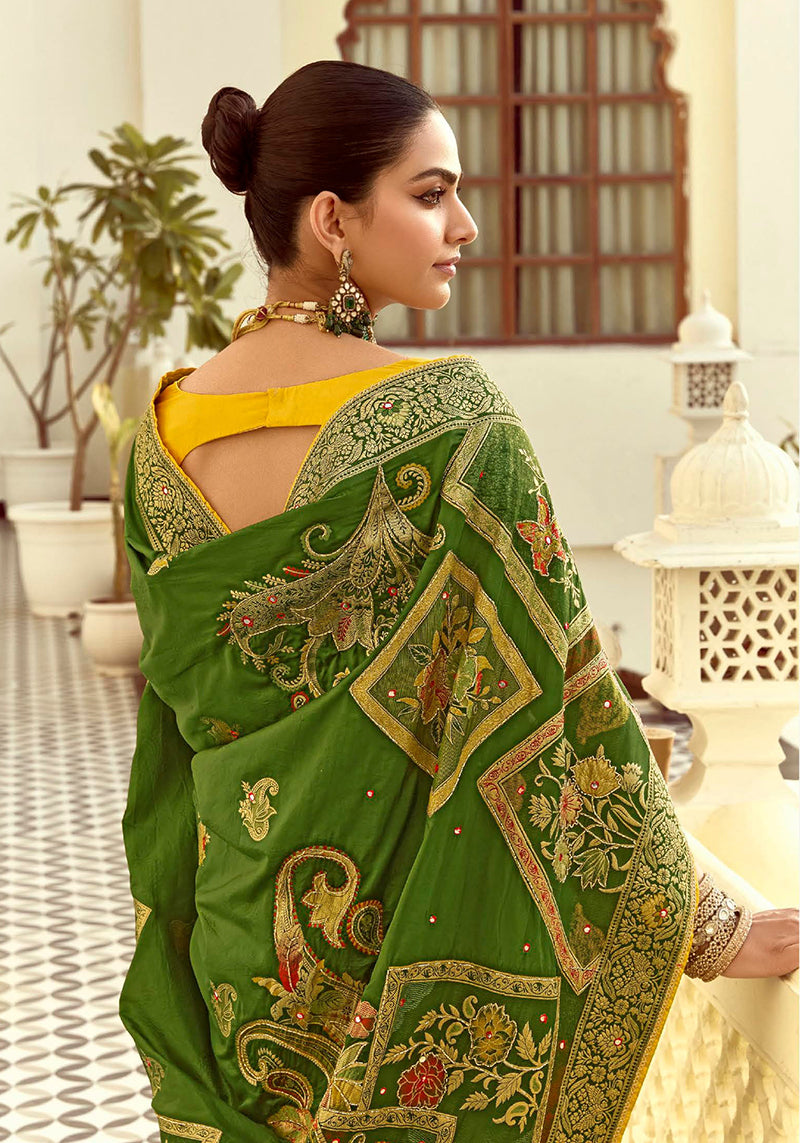 Monjolika Fashion Silk Blend Weaving Green Traditional Saree | Grocsy
