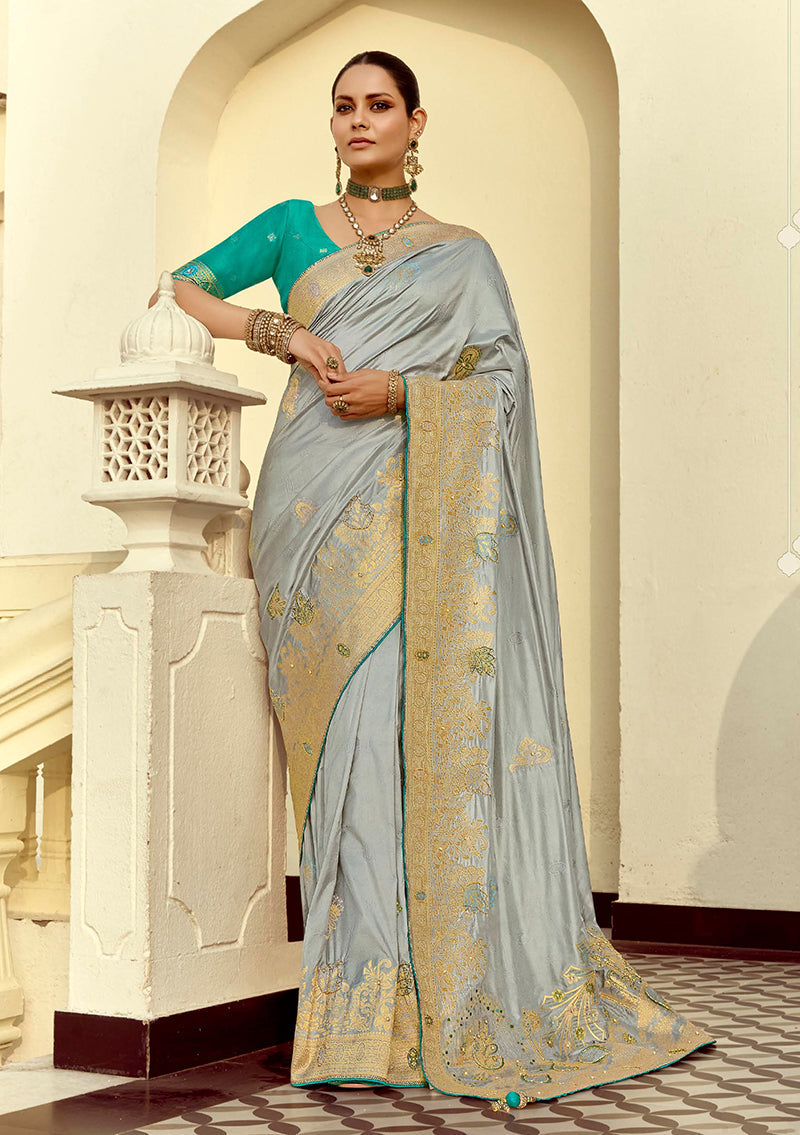 Monjolika Fashion Silk Blend Weaving Light Grey Traditional Saree | Grocsy