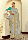 Monjolika Fashion Silk Blend Weaving Light Grey Traditional Saree | Grocsy